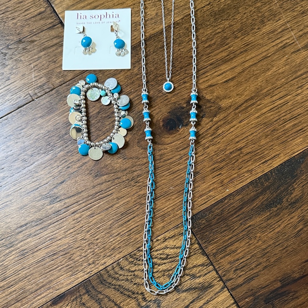 Lia Sophia Turquoise and Silver Layered Necklace, Bracelet & Earrings Set